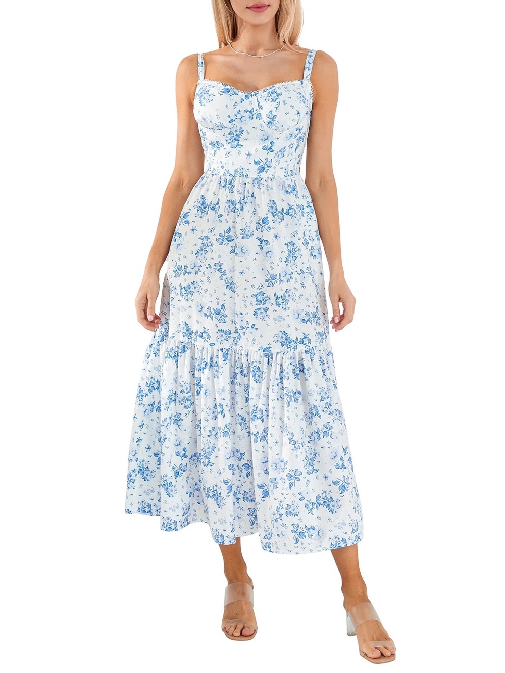 Floral Tiered Sundress Midi Dress Summer White Blue Bridal Formal Stretch